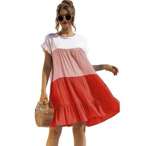 TRENDSI | Color Block Round Neck Ruffle Hem Dress